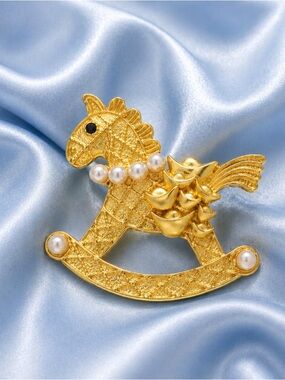 Vintage Gold Rocking Horse Brooch with Pearls